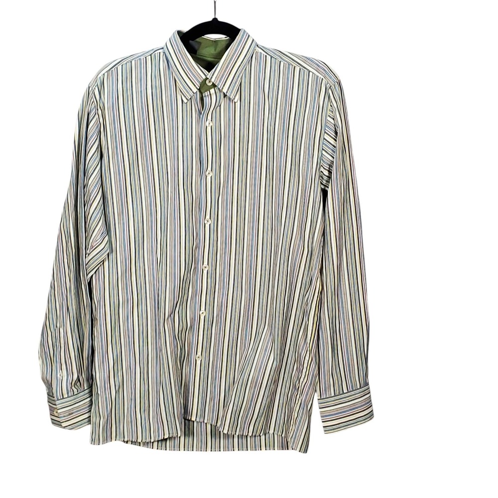 Ragazzo Uomo Striped Button Up Shirt Boys 18 R Men XS 100% Cotton Contrast Cuff
